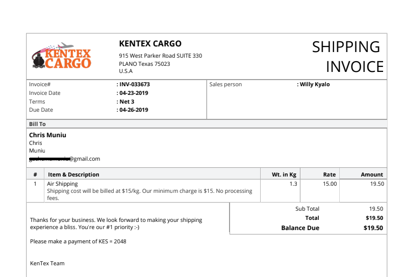 kentex cargo shippping invoice