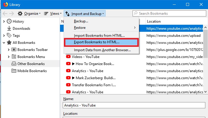 how to export bookmarks from firefox