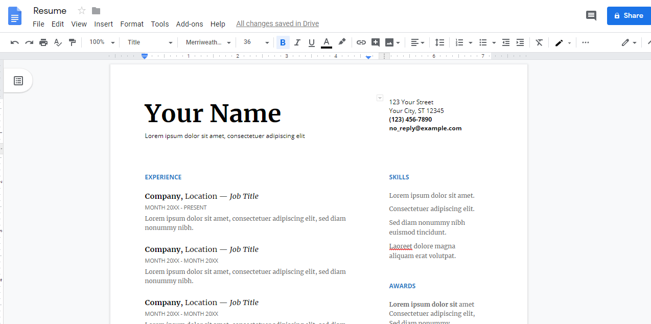 google docs resume template