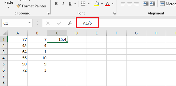 formula for division in excel values