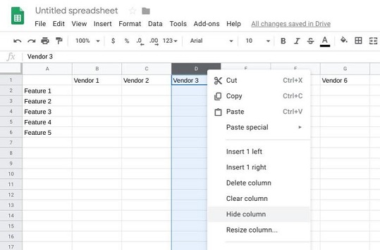 how to hide columns in google sheets