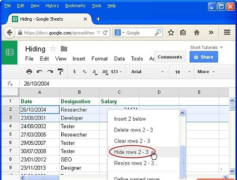 how to hide rows in google sheets
