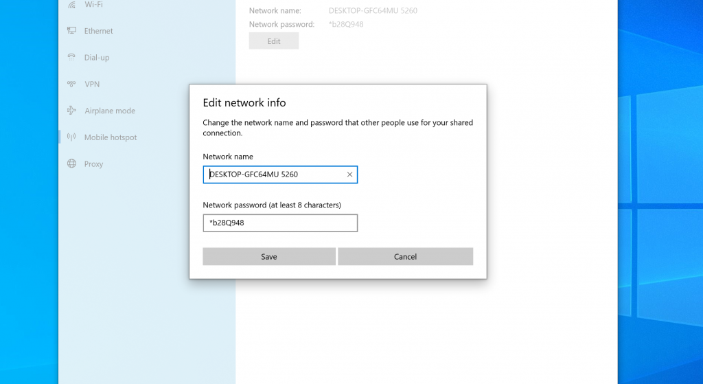 how to change hotspot password on windows 10