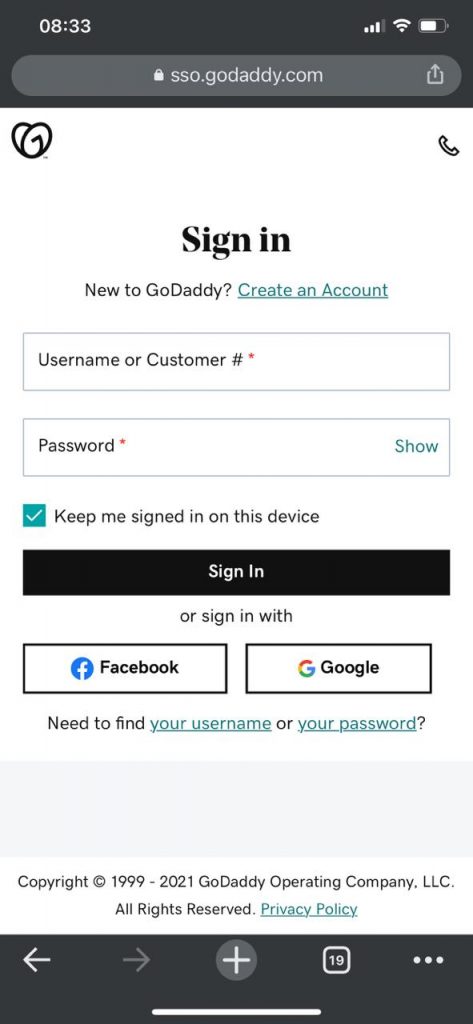 mobile godaddy login screen