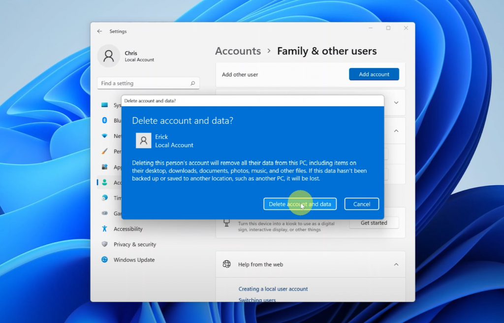 delete a user account in windows 11