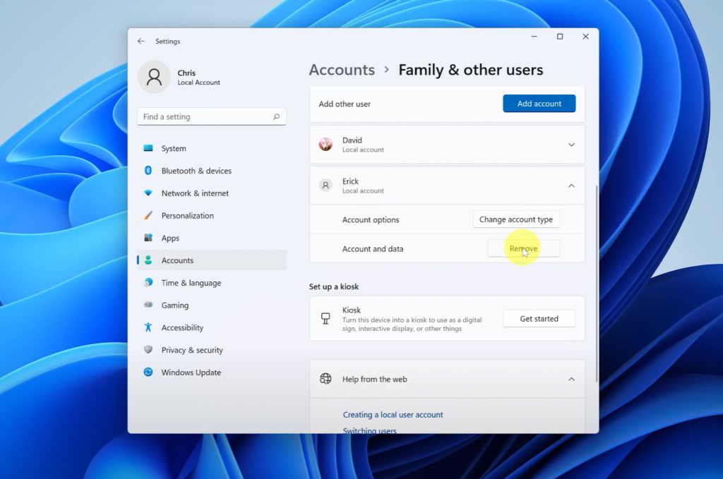 how to remove user account in windows 11